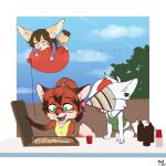 1:1 anthro arctic_fox arctica_(vixen_logic) balloon barefoot blue_bottomwear blue_clothing blue_eyes blue_pants bottle bottomwear box braided_hair breasts brown_bottomwear brown_clothing brown_hair brown_highlights brown_markings brown_shorts canid canine cheek_tuft chest_tuft chibi cleavage clothed clothing cloud colored container cup day digital_media_(artwork) dipstick_tail ear_piercing ear_ring eyewear facial_tuft fangs feet female fence fennec_fox flat_colors food fox foxboy83 fully_clothed fur furniture garden glasses gloves_(marking) green_clothing green_eyes green_shirt green_tank_top green_topwear group hair hat headgear headwear hi_res highlights_(coloring) inflatable inner_ear_fluff mammal markings open_mouth outside pants party_hat piercing pizza pizza_box plant ponytail purple_clothing purple_shirt purple_topwear red_(vixen_logic) red_body red_fox red_fur red_hair red_highlights ring_piercing shirt short_hair shorts sky table tail tail_markings tan_body tan_fur tank_top teeth tied_hair tootaloo topwear tree trio true_fox tuft vixen_logic white_body white_fur white_hair yellow_clothing yellow_shirt yellow_tank_top yellow_topwear zerda_(vixen_logic)