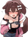  1girl :d absurdres animal_ears animal_print arm_at_side arm_under_breasts aroused black_shirt blue_shorts blush bone_hair_ornament breasts brown_hair cartoon_bone choker closed_eyes clothing_cutout commentary_request dog_ears dog_print dog_tail hair_ornament hairclip highres hololive hood hooded_jacket inugami_korone inugami_korone_(roomwear) jacket jewelry micon naked_shirt off_shoulder official_alternate_costume open_mouth pendant pendant_choker pink_jacket ponytail shirt short_shorts shorts shoulder_cutout smile solo sweatdrop t-shirt tail virtual_youtuber white_background 
