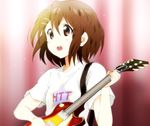  :o brown_eyes brown_hair clothes_writing guitar hirasawa_yui instrument k-on! shirt short_hair solo t-shirt yamasaki_wataru 