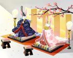 2020 ambiguous_anthro ambiguous_gender anthro asian_clothing branch cherry_blossom cherry_tree clothed clothed_ambiguous clothed_anthro clothing crown digital_media_(artwork) duo east_asian_clothing eyes_closed flower folding_fan folding_screen fruit_tree hand_fan headgear headwear hinamatsuri holding_object japanese_clothing kanmuri_(headwear) kimono kneeling lagomorph leporid long_ears looking_aside looking_at_another mammal pattern_clothing plant print_clothing prunus_(flower) rabbit sanato_(artist) seiza simple_background sitting tiara tree white_body