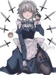  1girl amatukimahoro apron back_bow black_gloves black_pantyhose blue_dress blue_eyes blue_ribbon bow braid breasts collared_shirt commentary_request dress gloves grey_hair hair_bow highres holding holding_pocket_watch izayoi_sakuya juliet_sleeves kneeling knife long_hair long_sleeves looking_at_viewer maid maid_headdress medium_breasts neck_ribbon open_mouth pantyhose pinafore_dress pocket_watch puffy_sleeves ribbon shirt side_slit simple_background sleeveless sleeveless_dress solo thigh_strap touhou twin_braids waist_apron watch watermark weapon_in_garters white_background white_bow white_shirt 