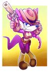 absurd_res archie_comics blue_eyes boots breasts clothing eyelashes fangs featureless_crotch female footwear fur gun hat headgear headwear hi_res looking_at_viewer lordiani mammal mustelid musteline nicolette_the_weasel purple_body purple_fur ranged_weapon sega shoes smile smiling_at_viewer solo sonic_the_hedgehog_(archie) sonic_the_hedgehog_(comics) sonic_the_hedgehog_(series) tail teeth true_musteline weapon weasel