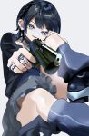  1girl black_choker black_hair black_shirt black_shoes blue_eyes blue_skirt choker commentary_request earrings grey_skirt gun handgun highres holding holding_weapon jewelry kanako_(kankoillust6699) looking_at_viewer necklace open_mouth original ring shirt shoes short_hair simple_background skirt solo weapon white_background wolf_cut 
