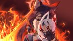  1girl 96mako \||/ animal_ear_fluff animal_ears backlighting black_gloves black_hair black_nails blue_archive colored_inner_hair commentary eyeshadow fingerless_gloves fingernails fire fox_ears fox_girl fox_mask gloves grey_sailor_collar halo hand_up highres holding holding_mask long_fingernails long_hair looking_at_viewer makeup mask multicolored_hair nail_polish one_eye_covered portrait red_background red_eyeshadow red_hair red_halo sailor_collar school_uniform serafuku sidelocks simple_background slit_pupils solo tsurime two-tone_hair wakamo_(blue_archive) yellow_eyes yellow_pupils 