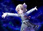  blonde_hair dress fang hair_ribbon kazura necktie night night_sky outstretched_arms ribbon rumia short_hair sky smile solo spread_arms star_(sky) starry_sky touhou 