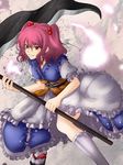  bad_id bad_pixiv_id fighting_stance ghost grin hair_bobbles hair_ornament kneehighs onozuka_komachi pink_hair pokimari red_eyes scythe short_hair smile socks solo touhou two_side_up 