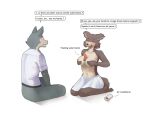 air_conditioner anthro beastars belt bfkitsu1550 blush bottomwear breast_grab breasts canid canine canis clothing duo english_description english_text feet female food fruit hand_on_breast hi_res holding_breast holding_food holding_fruit holding_melon holding_object holding_watermelon inside juno_(beastars) kneeling legoshi_(beastars) male male/female mammal melon navel object_between_breasts pants plant school_uniform shirt simple_background skirt smile snout speech_bubble tail tailless talking_to_another talking_to_partner text topwear uniform watermelon watermelon_slice white_background wolf