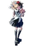  1girl black_boots black_ribbon black_skirt boots collared_shirt commentary geta hat hauchiwa highres knee_boots looking_at_viewer medium_hair mozupoko neck_ribbon open_mouth pom_pom_(clothes) puffy_short_sleeves puffy_sleeves red_eyes red_hat ribbon ribbon-trimmed_skirt ribbon_trim shameimaru_aya shirt short_sleeves simple_background skirt solo tengu-geta tokin_hat touhou twitter_username white_background white_shirt 
