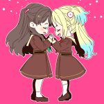 2girls :d ^_^ blonde_hair blue_hair brown_dress brown_hair closed_eyes deformed dress face-to-face fang flower fujishima_megumi gradient_hair green_neckerchief hair_flower hair_ornament hasu_no_sora_school_uniform holding_hands interlocked_fingers long_hair long_sleeves love_live! love_live!_hasu_no_sora_jogakuin_school_idol_club medium_dress mira-cra_park! multicolored_hair multiple_girls neckerchief osawa_rurino outline parted_bangs pink_background pink_flower pleated_dress profile red_neckerchief sailor_collar sailor_dress school_uniform shinanoya_(satanicad) simple_background smile twintails two_side_up virtual_youtuber white_outline white_sailor_collar winter_uniform 
