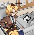  1girl :p arthropod_girl ass bee_girl black_necktie black_skirt blonde_hair blush brown_suit bulletin_board closed_mouth clothes_lift collared_shirt commentary earrings english_commentary glasses grey-framed_eyewear highres hunybee indoors jewelry long_sleeves necktie original pencil_skirt photocopier photocopying_self round_eyewear shirt short_hair sitting skirt skirt_lift smile solo suit tongue tongue_out white_shirt yellow_eyes yellow_nails 