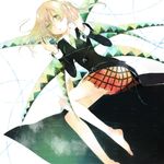  bad_id bad_pixiv_id bare_legs barefoot blonde_hair edato green_eyes maka_albarn necktie plaid plaid_skirt scythe skirt solo soul_eater tears twintails 