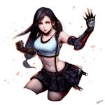  1girl artist_name bare_shoulders black_hair black_skirt breasts commentary crop_top earrings elbow_gloves elbow_pads final_fantasy final_fantasy_vii final_fantasy_vii_remake fingerless_gloves gloves highres jewelry large_breasts long_hair low-tied_long_hair medium_breasts midriff navel red_eyes senda_satoru single_arm_guard single_elbow_pad skirt suspender_skirt suspenders suspenders_gap tank_top teardrop_earrings tifa_lockhart white_tank_top 