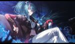  1girl absurdres aqua_hair arknights beer_can can chest_sarashi chinese_commentary commentary_request crossed_bangs drink_can hair_between_eyes helsura_(laurenc15933866) high_ponytail highres holding holding_can horns hoshiguma_(arknights) hoshiguma_the_breacher_(arknights) jewelry katana letterboxed long_hair looking_at_viewer midriff multiple_rings nail_polish navel parted_lips ponytail red_nails ring sarashi single_horn sitting skin-covered_horns solo sword weapon 