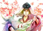  ? amaterasu animal bad_id bad_pixiv_id blonde_hair blue_eyes dancing helmet japanese_clothes male_focus okuchichibu one_eye_closed ookami_(game) open_mouth sketch smile ushiwakamaru wolf 