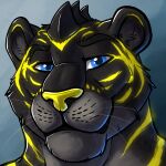 1:1 anthro black_body black_fur blue_eyes facial_markings felid front_view fur glistening glistening_eyes grey_body grey_fur head_markings head_spike hi_res hufnaar looking_at_viewer male male_anthro mammal markings mouth_closed pantherine simple_background solo striped_neck tiger whiskers yellow_markings yellow_nose