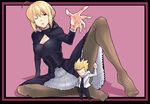  1girl artoria_pendragon_(all) chibi dress fate/stay_night fate_(series) feet gilgamesh gothic_lolita hands lolita_fashion miniboy one_eye_closed pantyhose saber_alter zenisu 