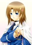  ayato bad_id bad_pixiv_id blue_eyes blush brown_hair cape chain cross hair_ornament hair_ribbon highres lyrical_nanoha mahou_senki_lyrical_nanoha_force military military_uniform necktie ribbon schwertkreuz solo tsab_naval_military_uniform uniform x_hair_ornament yagami_hayate 