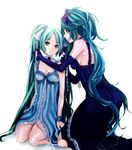  aqua_eyes aqua_hair bad_id bad_pixiv_id bow breasts choker cleavage dress dual_persona elbow_gloves gloves hair_bow hair_ornament hair_ribbon hatsune_miku kneeling long_hair medium_breasts multiple_girls nightgown ribbon roku_(hikokeng) smile twintails very_long_hair vocaloid 