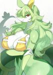 anthro anthrofied bikini clothing female florida_bikini generation_5_pokemon green_hair hair half-length_portrait hi_res holding_arm lemoco long_hair looking_at_viewer nintendo pokemon pokemon_(species) portrait red_eyes serperior simple_background smile smiling_at_viewer solo swimwear two-piece_swimsuit white_background yellow_bikini yellow_clothing yellow_swimwear
