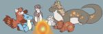 2015 3:1 3_fingers 3_toes 4_fingers 4_toes absurd_res ailurid ambiguous_gender american_opossum amphibian anthro black_nose campfire fangs feet feral fingers fire grey_background group hi_res kobold male mammal marsupial melee_weapon mustelid open_mouth otter paws red_panda salamander scalie simple_background suid suine sus_(pig) sword teeth tobiscut toes tongue unknown_species weapon wild_boar
