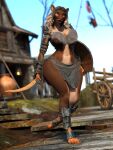 3:4 3d_(artwork) 5_toes absurd_res animal_ears animal_nose anthro armor barefoot big_breasts bikini_armor blue_sky blurred_background body_fur bottomwear bracers breasts brown_body brown_fur chadotexas claws cleavage clothed clothing curvy_figure dagger dark_body dark_skin day depth_of_field digital_media_(artwork) digitigrade feet female full-length_portrait fur hair hi_res holding_knife holding_melee_weapon holding_object holding_shield holding_sword holding_weapon knife long_hair looking_at_viewer mammal medieval melee_weapon multicolored_body multicolored_fur murid murine navel organs outside pauldron pinup plant portrait pose rag rat rodent shield shoulder_armor skimpy sky smile snout solo standing sword tail thick_thighs toe_claws toes tree unconvincing_armor vambrace vehicle walking warrior weapon white_hair wide_hips yellow_eyes