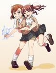  :3 bad_id bad_pixiv_id brown_eyes brown_hair electricity hug legs long_hair misaka_mikoto mixo multiple_girls school_uniform shirai_kuroko short_hair shorts sweater_vest to_aru_kagaku_no_railgun to_aru_majutsu_no_index twintails 