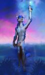 abs anthro athletic balls black_nose blue_eyes blue_hair braided_hair canid canine canis cheek_tuft cool_colors detailed_background facial_tuft flaccid foreground_silhouette foreskin front_view full-length_portrait genitals gesture hair hand_gesture hi_res humanoid_genitalia humanoid_penis korichi looking_up magic male male_anthro mammal nude open_mouth outside pecs penis plantigrade pointing pointing_up portrait solo standing tuft unretracted_foreskin wolf