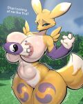 2026 4_fingers anthro areola armwear bandai_namco big_breasts biped black_sclera blue_eyes breasts clothing dialogue digimon digimon_(species) english_text female female_anthro fingers foxgumie fur genitals hi_res huge_breasts looking_at_viewer microsoft minecraft mojang multicolored_ears multicolored_tail purple_body renamon solo standing tail talking_to_viewer text vulva white_body white_ears white_fur white_tail xbox_game_studios yellow_body yellow_ears yellow_fur yellow_tail