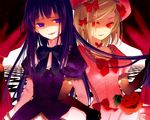  blonde_hair blue_hair dress frederica_bernkastel frills hat lambdadelta long_hair morphine_(pixiv) multiple_girls pumpkin purple_eyes red_eyes ribbon umineko_no_naku_koro_ni yuri 