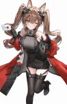  1girl :3 absurdres angelina_(arknights) animal_ear_fluff animal_ears arknights arknights:_endfield bare_shoulders black_boots black_gloves black_thighhighs boots bracelet breasts brown_hair coat commentary_request diamond-shaped_pupils diamond_(shape) dot_nose double-parted_bangs dress elbow_gloves fold-over_boots fox_ears fox_girl gilberta_(arknights) gloves grey_dress hair_between_eyes hair_intakes hand_on_own_hip headgear high_collar high_heel_boots high_heels highres holding holding_letter impossible_clothes impossible_dress jewelry leg_up letter long_hair long_sleeves looking_at_viewer medium_breasts nagine off_shoulder one_eye_closed orange_eyes red_coat short_dress simple_background skindentation sleeveless sleeveless_dress solo standing standing_on_one_leg symbol-shaped_pupils thighhighs twintails white_background zettai_ryouiki 