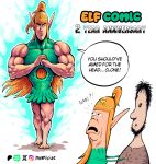 beard black_beard black_eyebrows black_eyes black_facial_hair black_hair clone clothed clothing cracking_knuckles crown dress elf elf_(merrivius) elf_comic english_text eyebrows facial_hair female green_clothing green_dress group hair headgear human human_(merrivius) humanoid_pointy_ears humor light_body light_skin lips long_ears male mammal merrivius muscular muscular_arms muscular_female muscular_legs orange_hair pointy_ears ponytail short_hair simple_eyes tan_body tan_skin text thick_eyebrows tiara trio