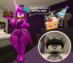 3d_(artwork) age_difference anthro avian beanie bed bedroom bedroom_eyes big_breasts big_butt bird birthday bow_ribbon breasts butt bytes_(whooofly) cake clothing dessert digital_media_(artwork) duo fan_character female food furniture genitals hair hand_on_breast hat headgear headwear hirundinid huge_breasts huge_butt image_bubble long_hair male mammal mature_female narrowed_eyes nude nude_female older_female open_mouth oscine party_hat passerine procyonid raccoon seductive sega shirt shocked sonic_the_hedgehog_(series) sonico4ever standing swallow_(bird) t-shirt thick_thighs topwear tsunami_the_swallow_(sonico4ever) vulva wide_eyed wide_hips younger_male