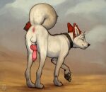 2026 anchee animal_genitalia animal_penis anus balls butt canid canine canine_genitalia canine_penis digital_drawing_(artwork) digital_media_(artwork) ear_piercing erection feet feral fur genitals hi_res inner_ear_fluff looking_at_viewer male mammal paws penis piercing rear_view smile solo standing tail teeth toes tuft