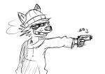 anthro beanie bruised bruised_eye chadzadd cheek_tuft clothing eye_bags facial_tuft grin gun hat headgear headwear holding_object holding_weapon hoodie looking_back mammal missing_tooth monochrome neck_tuft procyonid raccoon ranged_weapon scruffy skud_(zaddcomix) smile solo tired_eyes topwear tuft weapon zaddcomix