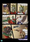 2_horns 7_panel_comic angry anthro armor blonde_hair blue_bottomwear blue_clothing blue_hair blue_pants bodily_fluids bottomwear breastplate brown_body brown_hair canid canine canis clenched_teeth clothed clothing cobby_(vju79) comic cougar covering covering_ears dialogue dragon english_text felid feline fight firing_weapon green_body green_eyes group gun hair hand_on_ear head_horn hi_res hit_in_face holding_gun holding_melee_weapon holding_object holding_ranged_weapon holding_sword holding_weapon horn male mammal melee_weapon multiple_scenes mythological_creature mythological_scalie mythology nervous nervous_sweat orange_hair page_number pants pauldron profanity ranged_weapon red_armor scalie shirt shooting smug speech_bubble sweat sword teeth text throwing throwing_object topwear url vest vju79 weapon weapon_glint white_clothing white_shirt white_topwear wingless_dragon wolf zudrec_(vju79)