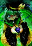  bad_id bad_pixiv_id blue_eyes frills gathers green_hair hat heart heart_hands highres komeiji_koishi lips one_eye_closed skirt smile solo symbol-shaped_pupils texture touhou yutazou 