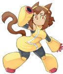 anthro arm_cannon armor armored_boots brown_hair brown_tail clothed clothed_anthro clothed_female clothing club_arms domestic_cat ears_as_hair eyewear eyewear_on_head felid feline felis female fully_clothed fully_clothed_anthro fully_clothed_female gameoverse gauntlets glitch_productions gloves goggles goggles_on_head hair handwear hi_res kit_bodega mammal ranged_weapon red_eyes solo tail topwear weapon weapon_arm whiskers zipskyblue