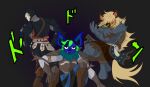 anthro armor bat battle_tendency big_ears canid canine chainmail fantasy for_honor_(game) greaves group hi_res human hyena japanese_text jojo's_bizarre_adventure jojo_pose kneeling knight male male/male mammal pillar_men_pose pose simple_background tail text trio villegreen warrior