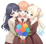  3girls aqua_eyes aqua_flower blonde_hair blue_eyes blue_flower blue_hair blue_ribbon bouquet braid brown_cardigan brown_dress cardigan commentary_request cowboy_shot crossed_bangs dress flower flower_stand_art gradient_hair group_hug hair_flower hair_ornament hair_ribbon half_up_braid half_updo hanazora_satsuki hasu_no_sanrenka hasu_no_sora_school_uniform hinoshita_kaho holding holding_bouquet hug long_sleeves looking_at_viewer love_live! love_live!_hasu_no_sora_jogakuin_school_idol_club multicolored_hair multiple_girls murano_sayaka neckerchief orange_flower orange_hair osawa_rurino parted_bangs pink_flower pleated_dress purple_flower ranunculus red_flower red_neckerchief red_ribbon ribbon sailor_collar sailor_dress sample_watermark school_uniform simple_background virtual_youtuber watermark white_background white_sailor_collar winter_uniform yellow_flower 
