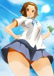  bad_id bad_pixiv_id bottle brown_eyes brown_hair day from_below hairband hand_on_hip k-on! legs looking_down nuezou perspective ribbon school_uniform short_hair skirt sky solo sweat tainaka_ritsu 