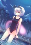  bare_shoulders black_hairband blue_eyes bob_cut bryanth dutch_angle ghost glowing green_eyes hairband konpaku_youmu konpaku_youmu_(ghost) nature night night_sky one-piece_swimsuit ripples school_swimsuit short_hair silver_hair sky solo star_(sky) starry_sky swimsuit touhou tree wading water 