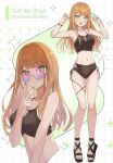  1girl absurdres bikini black_bikini black_sandals blush breasts character_name cleavage_cutout clothing_cutout commentary_request deen_(hnxp8555) fingernails gakuen_idolmaster glasses green_eyes grey-framed_eyewear grid_background highres hip_vent idolmaster long_hair looking_at_viewer medium_breasts mole mole_under_eye multiple_views nail_polish navel orange_hair round_eyewear sandals shiun_sumika smile sparkle stomach straight_hair swimsuit tinted_eyewear toenail_polish toenails v very_long_hair 