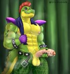 abs alligator alligatorid anthro armpit_hair balls biceps big_balls big_penis bodily_fluids body_hair bottomwear clothing crocodilian dripping erection eyebrows five_nights_at_freddy's five_nights_at_freddy's:_security_breach genital_fluids genitals green_body hair hi_res holding_penis male montgomery_gator muscular muscular_male orange_eyes pants pecs penis precum precum_drip red_hair reptile scalie scottgames solo srlimonada steel_wool_studios sweat yellow_body
