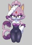 annoyed anthro armwear black_bodysuit black_clothing black_nose black_skinsuit blaze_the_cat bodysuit breasts cleavage clothed clothing cosplay cross-popping_vein dipstick_tail domestic_cat elbow_gloves eyelashes eyeshadow felid feline felis female forehead_gem front_view fur gem gloves grey_background hand_on_head hand_on_hip handwear lipstick looking_at_viewer makeup mammal markings navel_outline purple_body purple_eyeshadow purple_fur purple_lipstick rouge_the_bat sega simple_background skinsuit solo sonic_the_hedgehog_(series) tail tail_markings tail_motion thecakeee thick_thighs tight_clothing white_body white_clothing white_fur white_gloves white_handwear wide_hips yellow_eyes