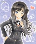  amagami ayuayu bad_id bad_pixiv_id black_hair blue_eyes hairband kibito_high_school_uniform long_hair long_sleeves morishima_haruka one_eye_closed sample school_uniform solo traditional_media 