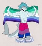 absurd_res anthro aquatic bisexual_pride_colors blue_hair cherirumiko clothing elbow_fin eyes_closed fin fish flag flag_(object) flat_colors gills grey_body hair hi_res holding_flag holding_object knee_deep lgbt_pride lgbt_pride_month male muscular muscular_anthro muscular_male pride_color_clothing pride_color_flag pride_colors shark smile solo tail tail_fin vincian_pride_colors