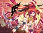 animal_ears blue_eyes chain extra_eyes flower head_wings holding holding_flower holding_sword holding_weapon horns long_hair monster_girl multicolored_hair multiple_arms multiple_wings navel open_mouth original purple_eyes reverse_grip scabbard sheath solo sword tears veil weapon wings wrist_cuffs yukimichi_(nieko) 