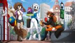  3girls alternate_universe animal_ears animal_feet aqua_eyes artist_collaboration ass barefoot billboard black_sclera bottomless box breasts brown_hair building cat_ears cat_girl cat_tail colored_sclera commentary contemporary cup digitigrade drinking_straw english_commentary fan_request food food_in_mouth fountain fox_ears fox_girl fox_tail furry furry_female highres holding holding_box kathrin_vaughan laura_(twokinds) lion_ears lion_girl lion_tail long_hair mcdonald's medium_breasts mouth_hold multiple_girls narikusha no_nipples official_art open_clothes open_shirt outdoors pawpads ponytail pretzel sitting tail tom_fischbach twokinds white_hair willow_(twokinds) 