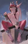 2026 4_fingers 4_toes :3 absurd_res anthro armband athletic athletic_anthro athletic_female bangs bat big_ears black_hair blep bottomwear breasts city claws clipped_ear clothed clothing collarbone colored deadlock_(game) demon detailed detailed_background digital_drawing_(artwork) digital_media_(artwork) facial_piercing fangs featureless_breasts feet female female_anthro fingers flat_chested full-length_portrait gargoyle hair hat headgear headwear hi_res hybrid ivy_(deadlock) legband mammal membrane_(anatomy) membranous_wings moss navel newsboy_cap nose_piercing nose_ring piercing plant portrait pulling_suspenders red_bottomwear red_clothing ring_piercing shaded short_hair sitting solo surge09 suspenders teeth toes tongue tongue_out topless topless_anthro topless_female valve wings