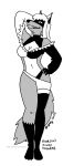 2024 anthro breasts canid canine cleavage clothed clothed_anthro clothed_female clothing ear_tuft female fox fur greyscale grin hair herm_(lore) hi_res leg_markings mammal markings midriff monochrome navel rina_(runei) smile socks_(marking) solo tail tegerio tuft